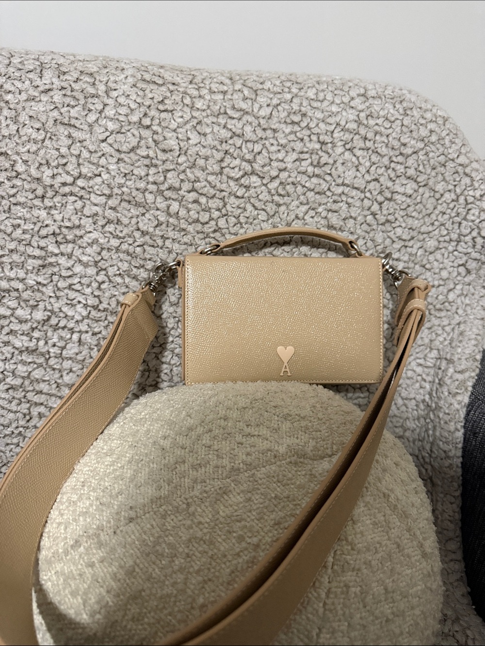 Ami Beige Structured Top-Handle Crossbody Bag with Wide Strap
